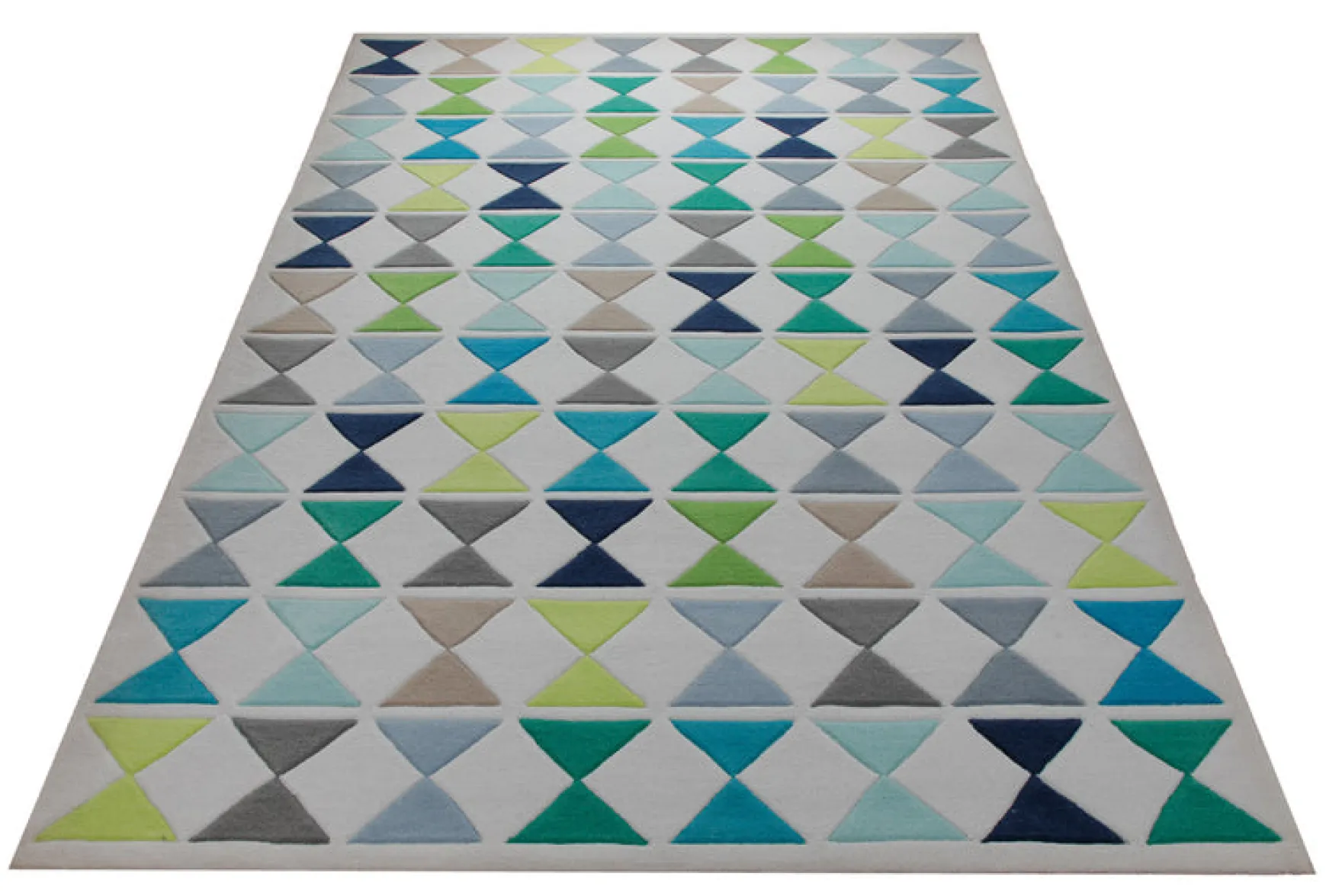 Dreiecke in Grün und Petrol - Handtuft auf Weißgrau 160 x 230 cm