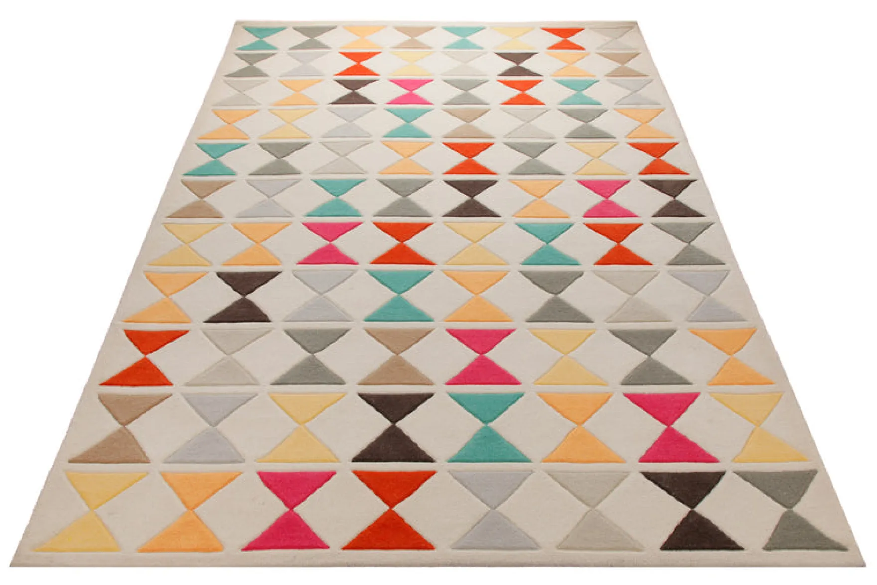Dreiecke in Türkis und Orange - Handtuft auf Wollweiß 160 x 230 cm