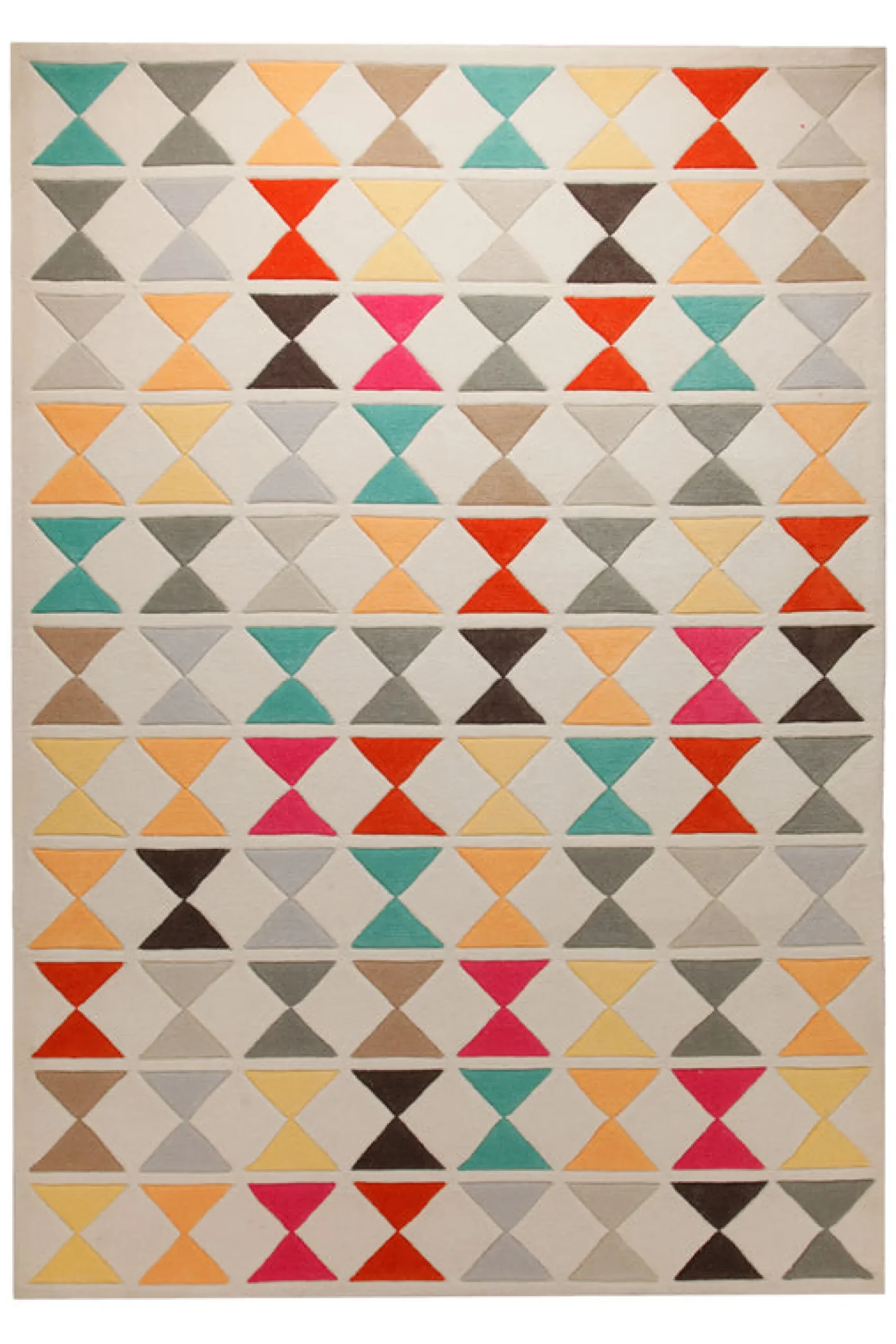 Dreiecke in Türkis und Orange - Handtuft auf Wollweiß 160 x 230 cm