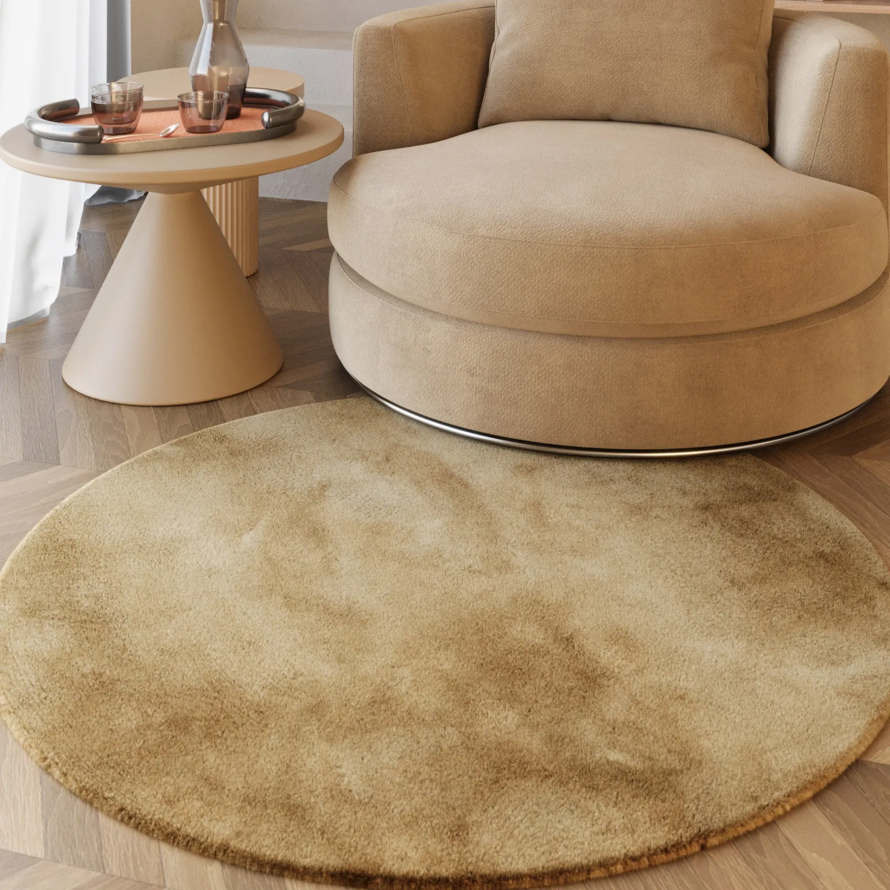 Esprit Teppich Rund Caramel Beige und sehr flauschig Hochflor "Alice"