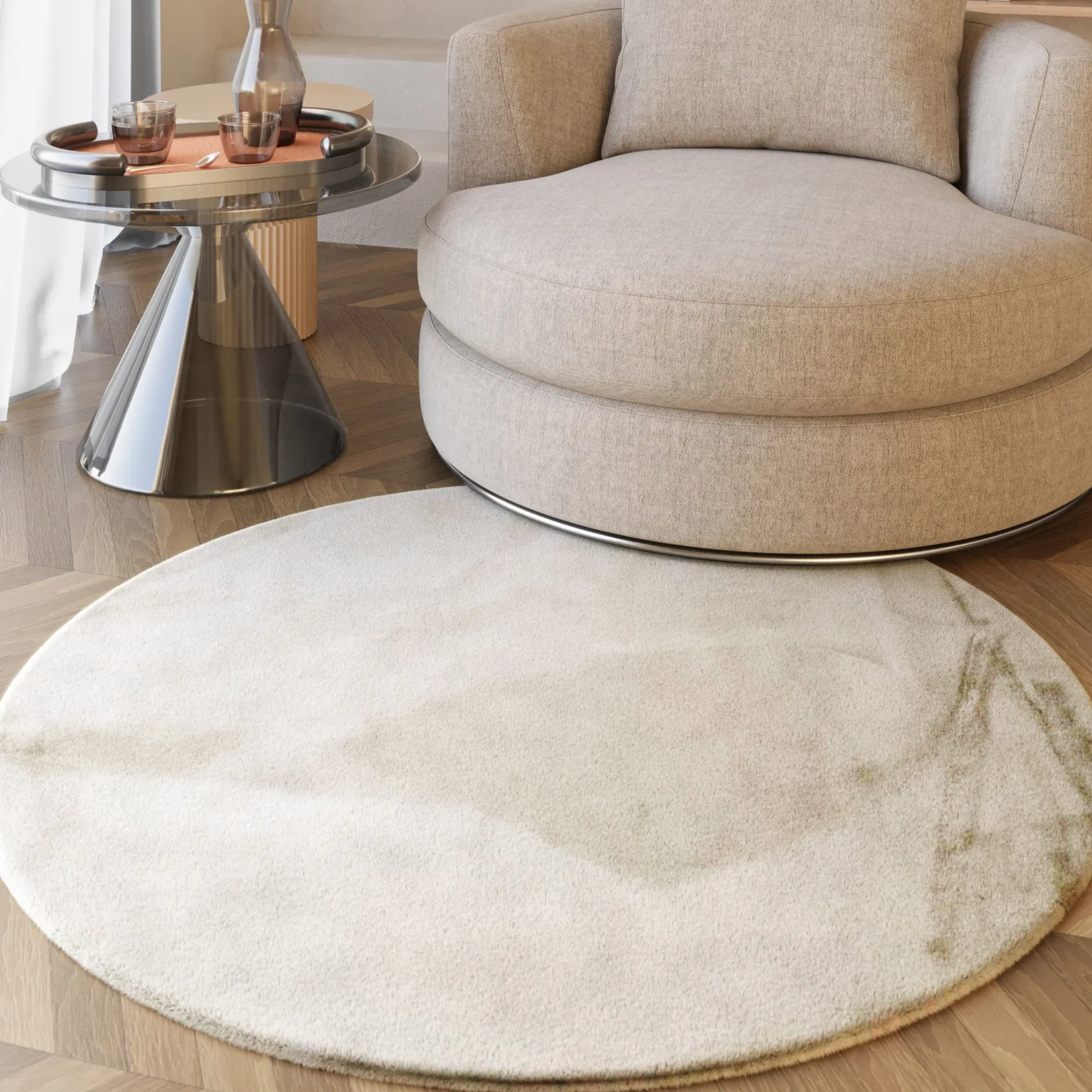 Esprit Teppich Rund Creme Beige und sehr flauschig Hochflor "Alice"