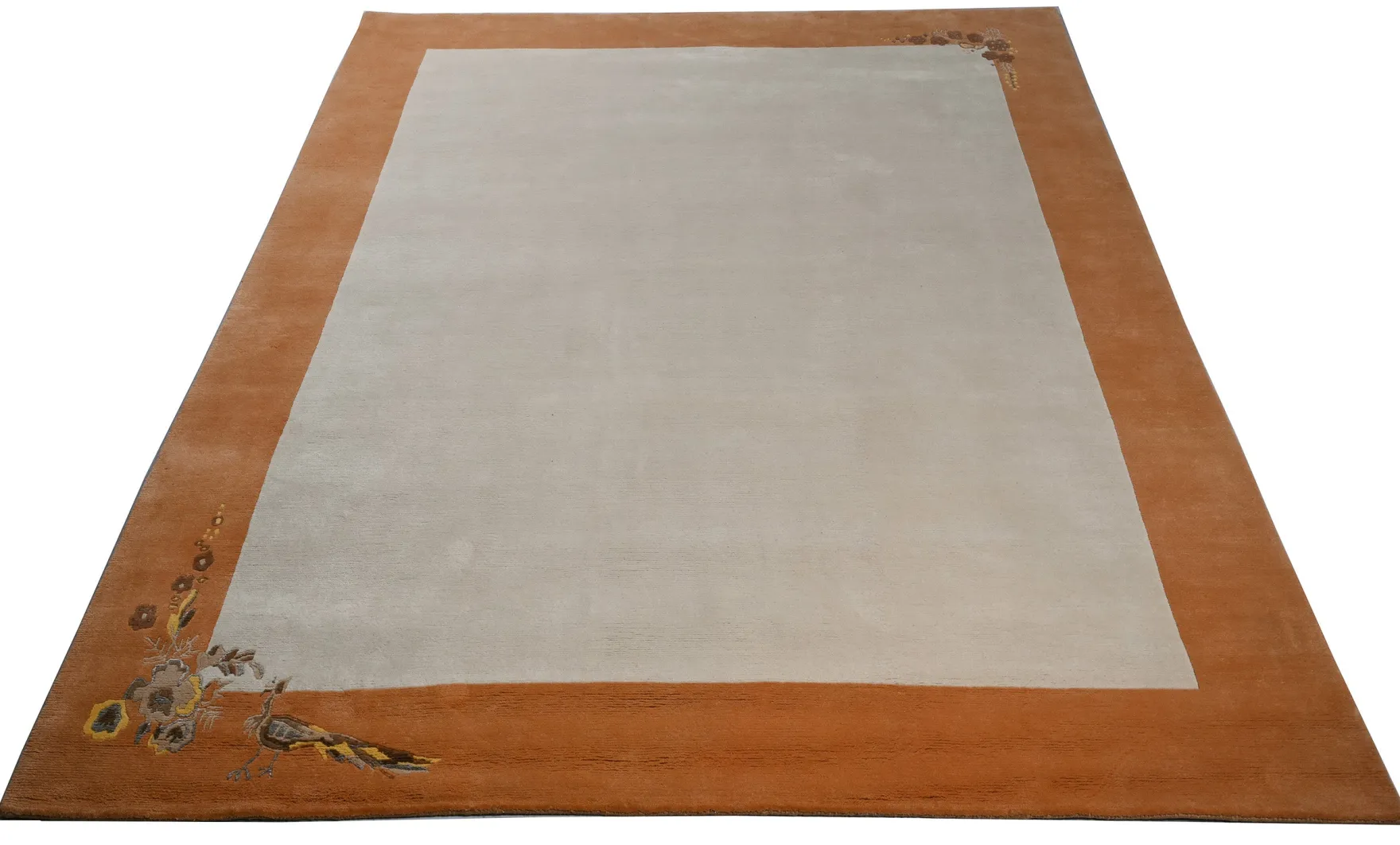 Handgeknüpfter Tibeter Teppich creme beige mit Retro Bordüre – Neuwertig