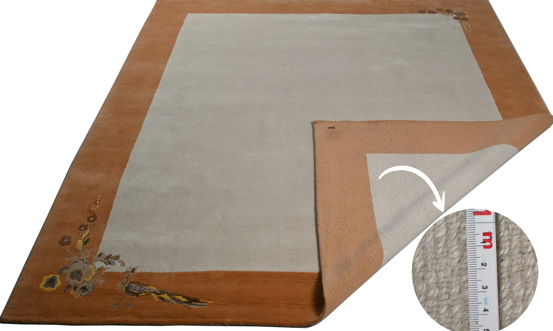 Handgeknüpfter Tibeter Teppich creme beige mit Retro Bordüre – Neuwertig