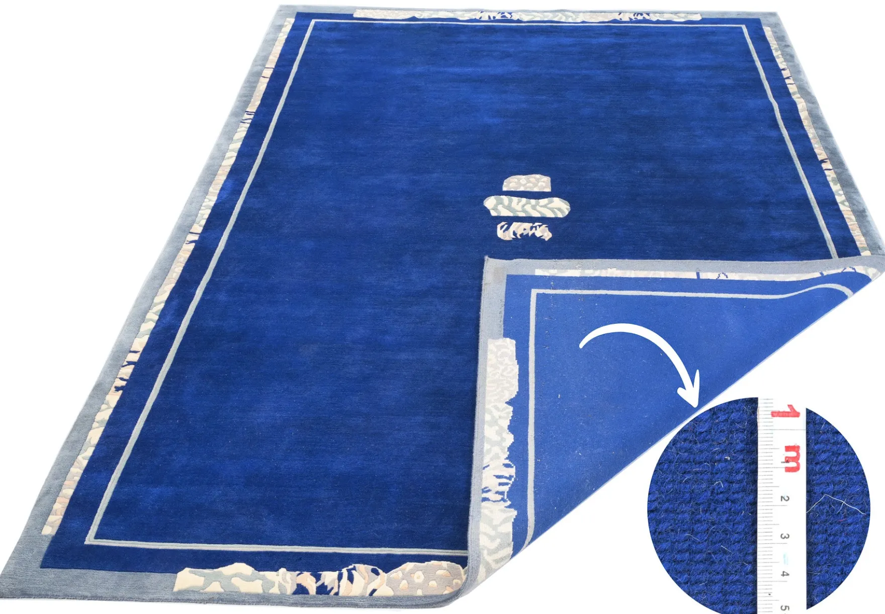 Handgeknüpfter Tibeter Teppich in blau mit Retro-Bordüre – Neuwertig
