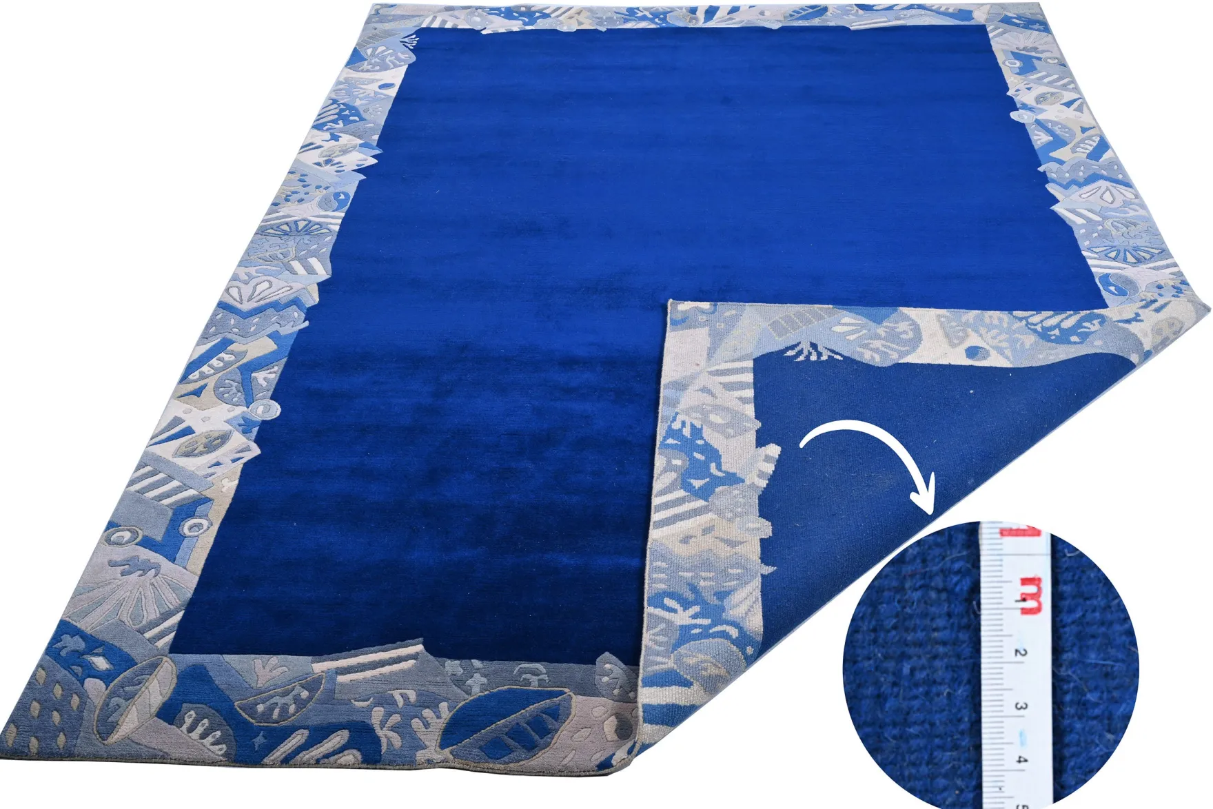 Handgeknüpfter Tibeter Teppich in blau mit Retro-Bordüre – Neuwertig