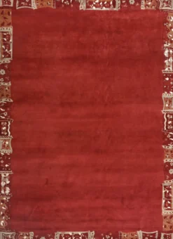 Handgeknüpfter Tibeter Teppich in rot mit Retro Bordüre – Neuwertig