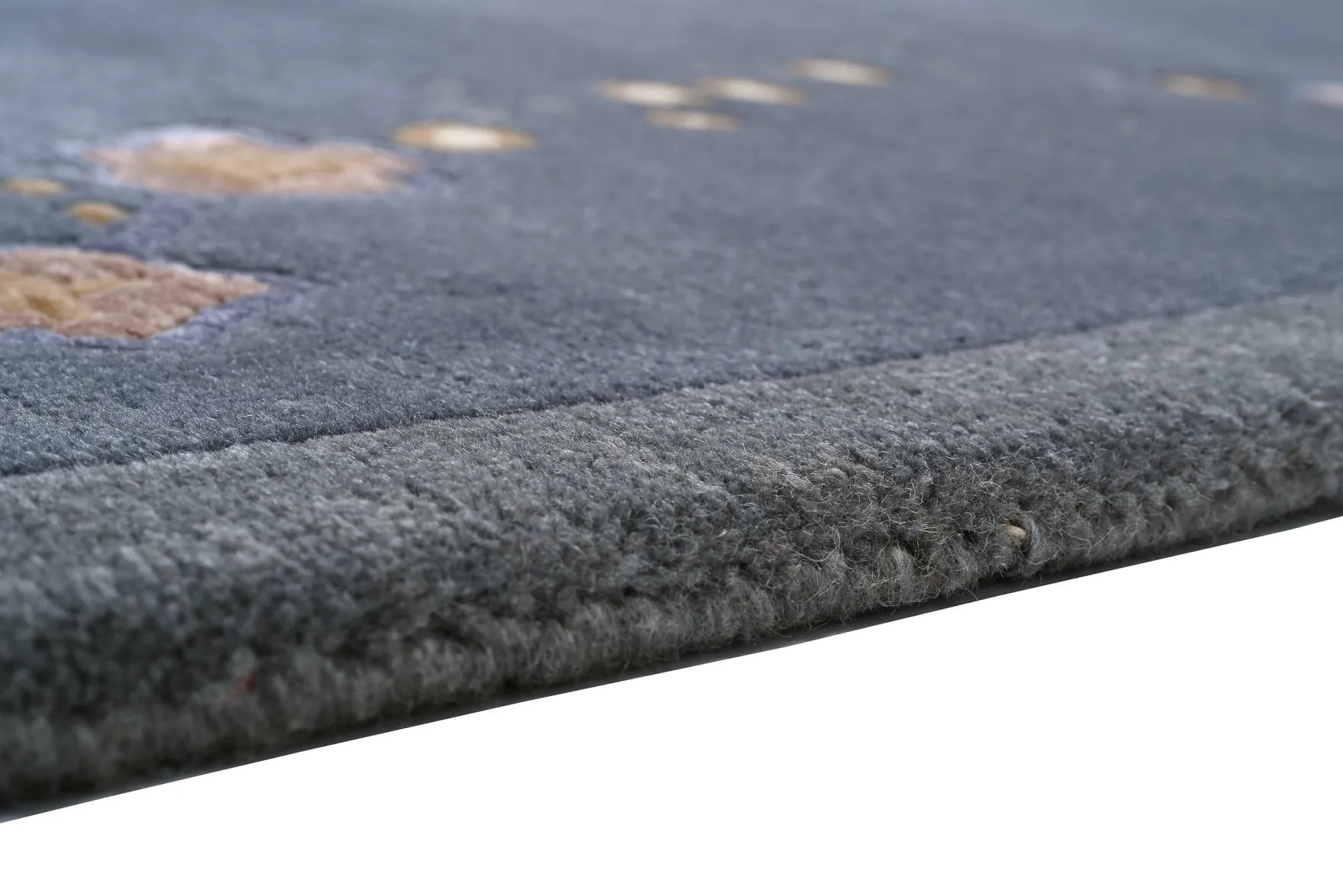 Handgeknüpfter tibetischer Teppich in grau mit Retro Bordüre – Neuwertig