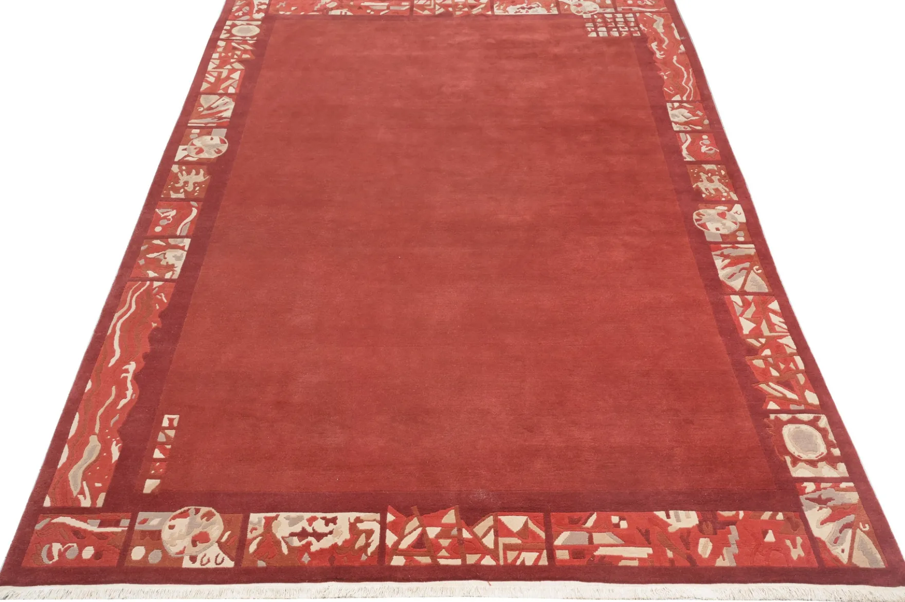 Handgeknüpfter tibetischer Teppich in rot mit Retro Bordüre – Neuwertig