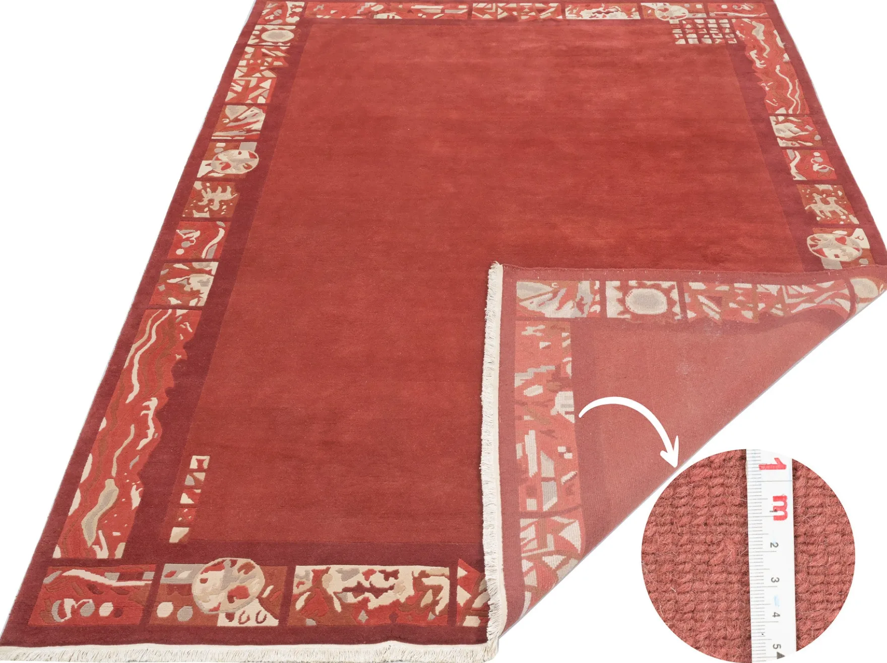 Handgeknüpfter tibetischer Teppich in rot mit Retro Bordüre – Neuwertig