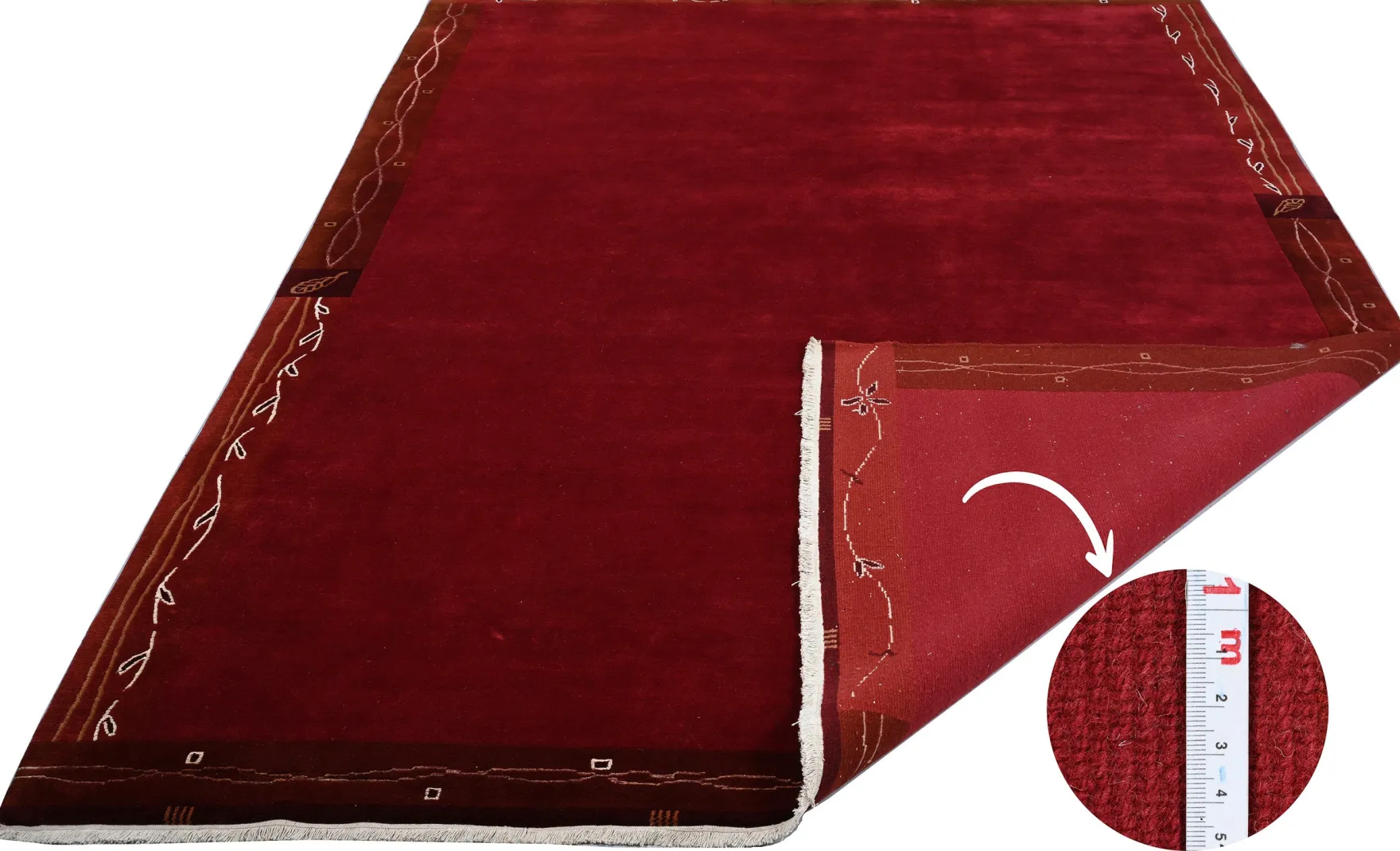 Handgeknüpfter tibetischer Teppich rot mit Retro Bordüre – Neuwertig