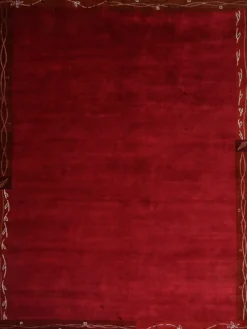 Handgeknüpfter tibetischer Teppich rot mit Retro Bordüre – Neuwertig