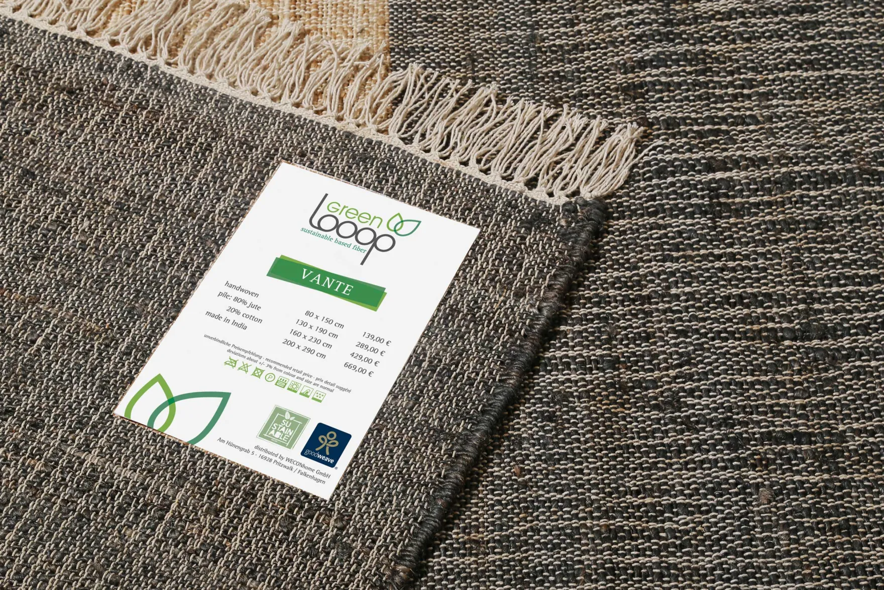 Handwebteppich Braun Grau aus Naturfaser "Vante" Green Looop