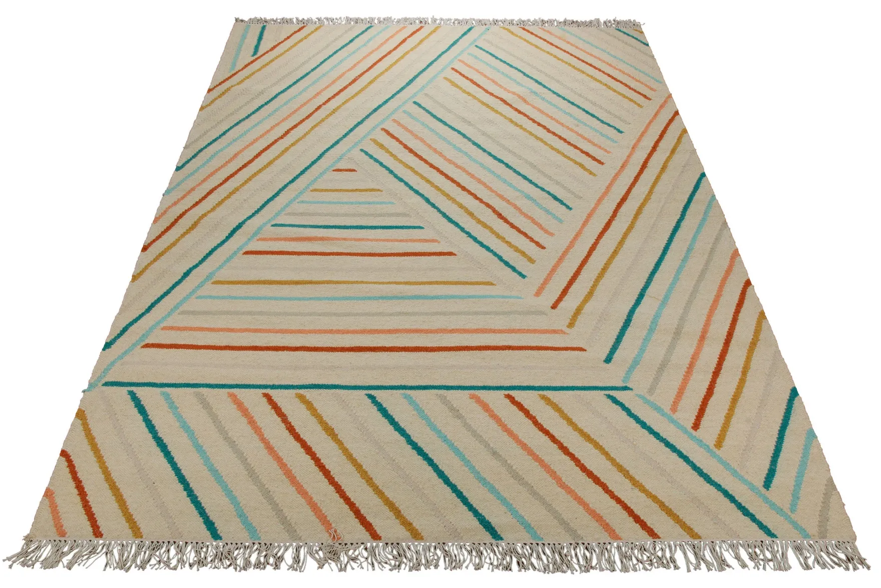 Handwebteppich Wolle Diagonallinien bunt creme 160x230 cm