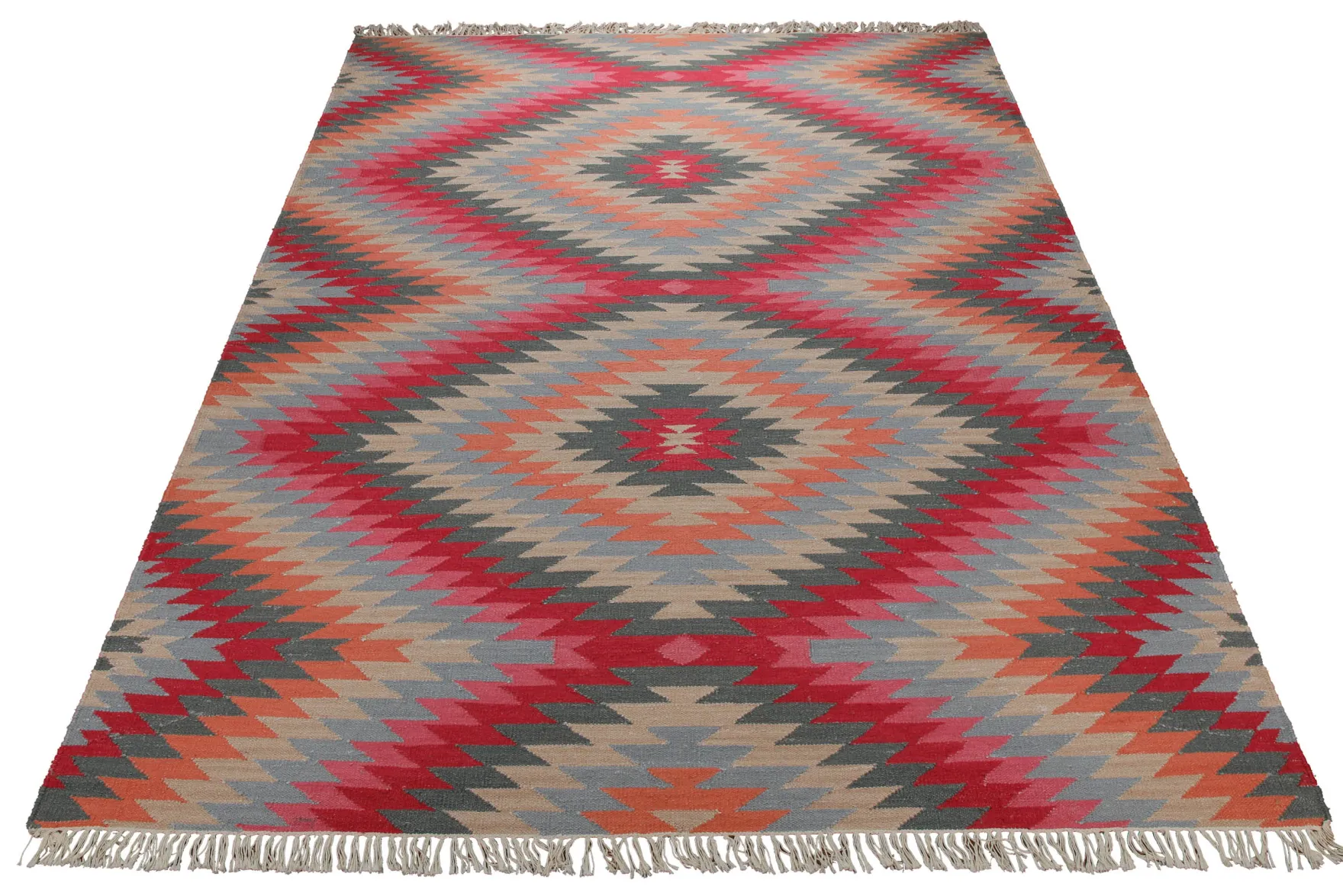 Handwebteppich Wolle Kelim Rauten rot grau 160x230 cm