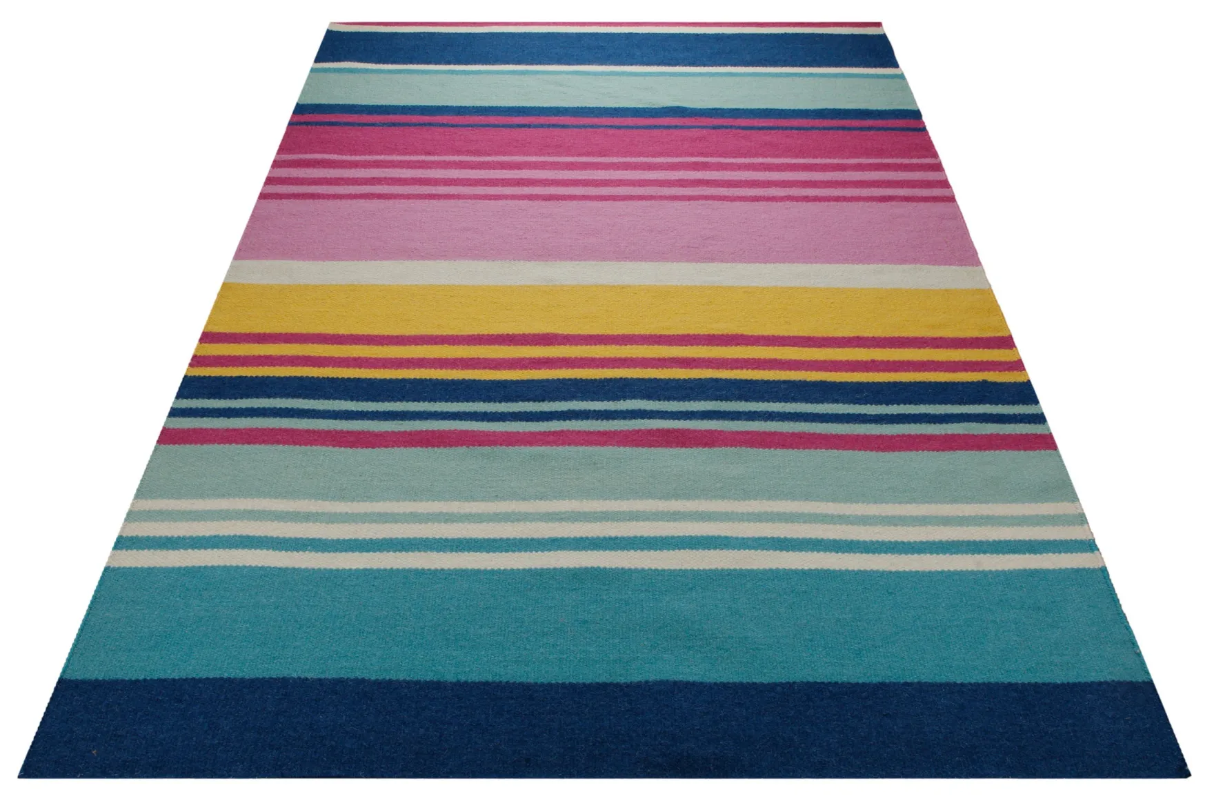 Handwebteppich Wolle Streifen bunt blau pink 160x230 cm