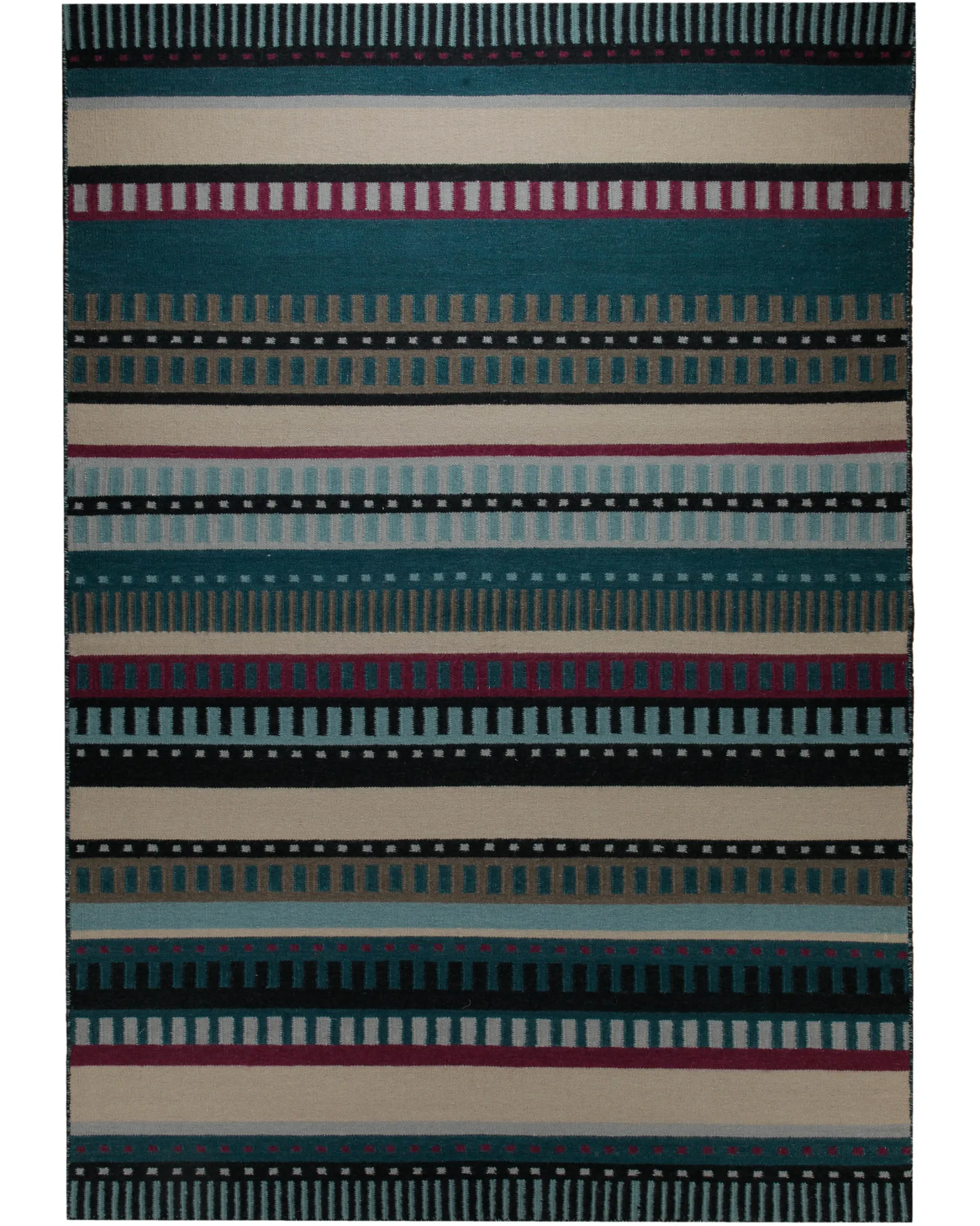 Handwebteppich Wolle Streifen petrol creme 160x230 cm