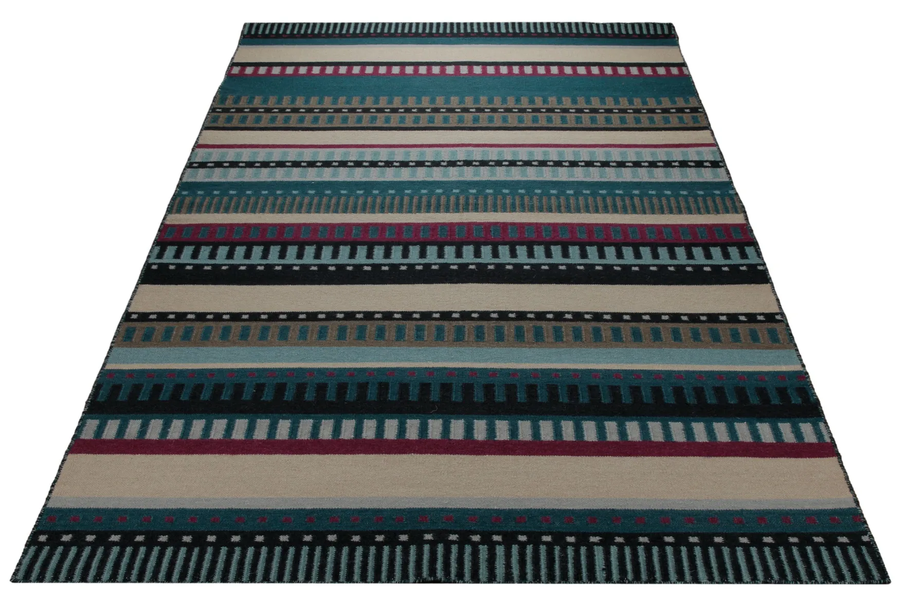 Handwebteppich Wolle Streifen petrol creme 160x230 cm