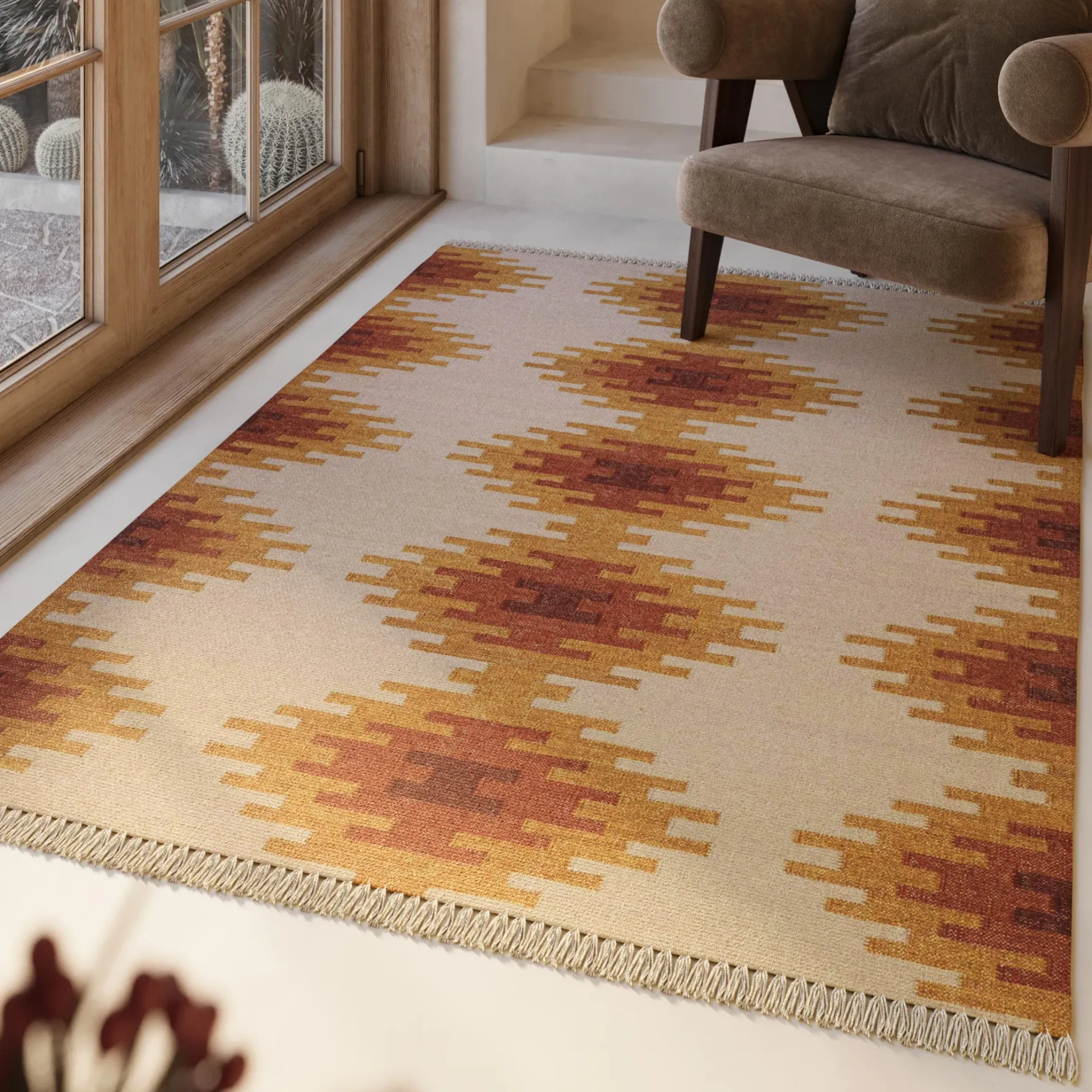 Kelim Teppich Beige Ocker aus Wolle "Belle" Green Looop