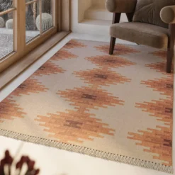 Kelim Teppich Beige Terracotta aus Wolle