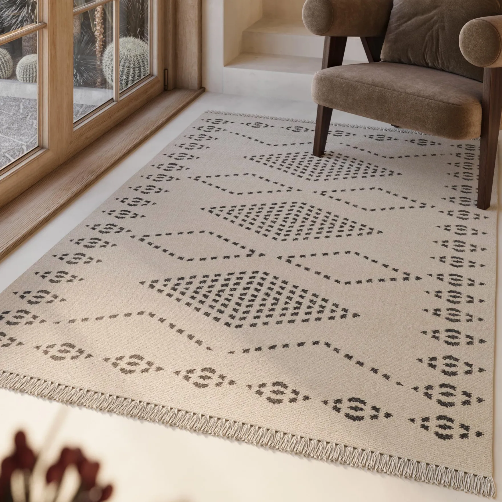 Kelim Teppich Creme Beige aus Wolle "Belmont" Green Looop
