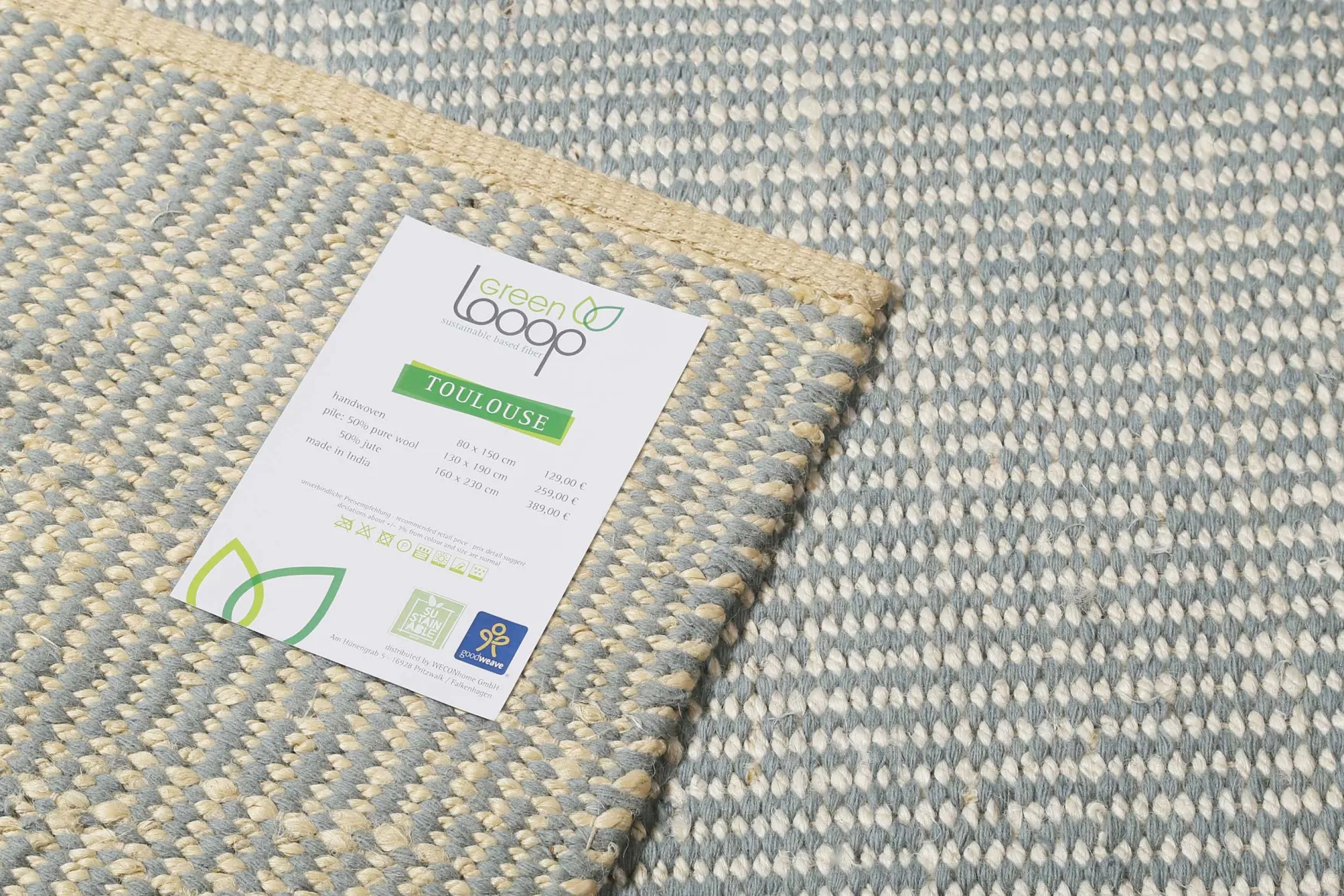 Kelim Teppich Mintgrün Beige aus Jute & Wolle "Toulouse" Green Looop