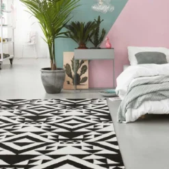Kelim Teppich Schwarz Creme Weiß aus Wolle