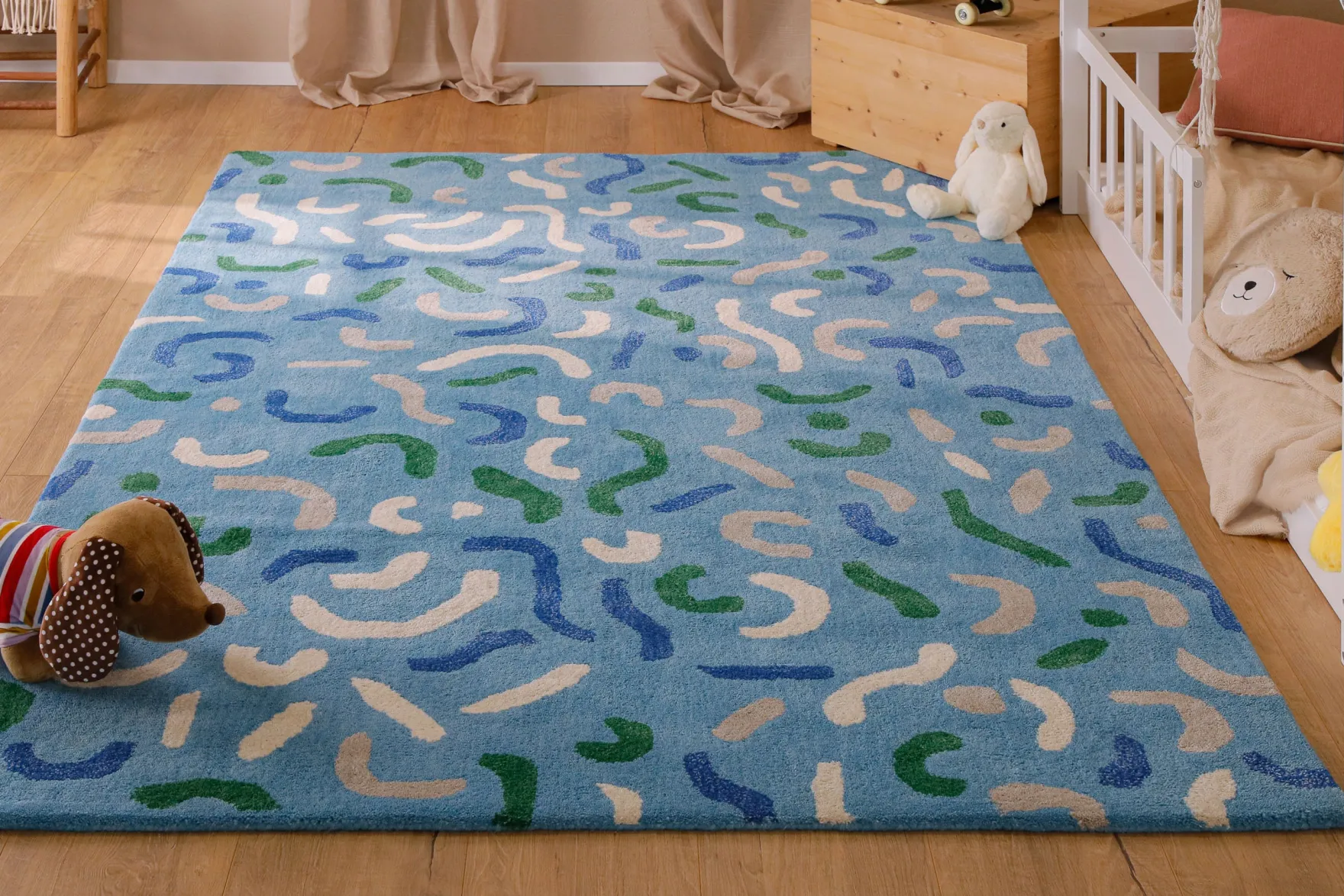 Kinderteppich aus Schurwolle Blau Grün "Confetti" Smart Kids