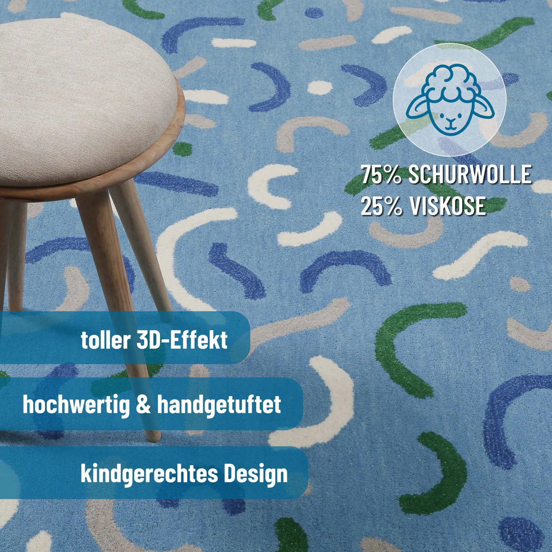Kinderteppich aus Schurwolle Blau Grün "Confetti" Smart Kids