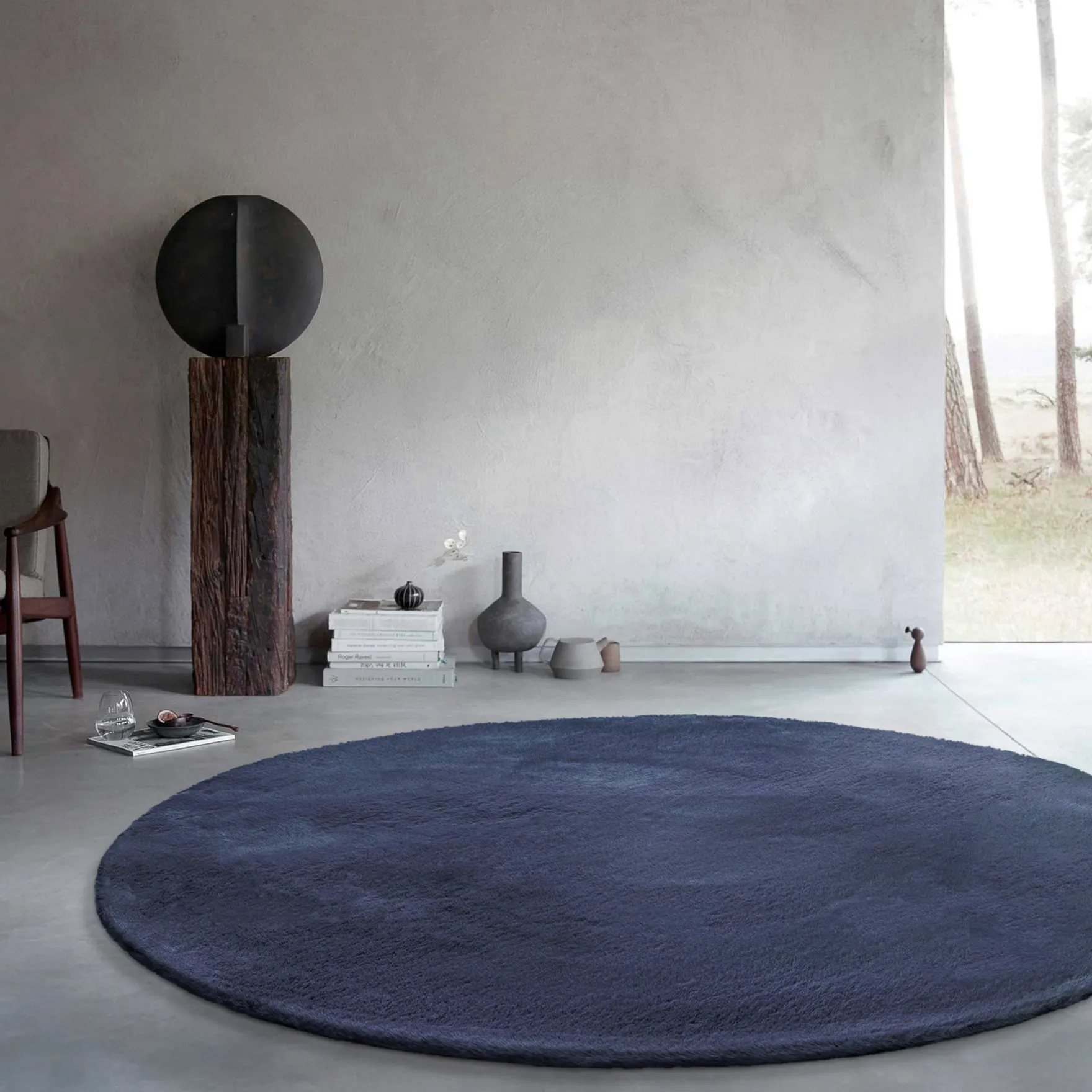 Kunstfell Teppich Rund Dunkelblau flauschig und weich "Anna" WECONhome Basics