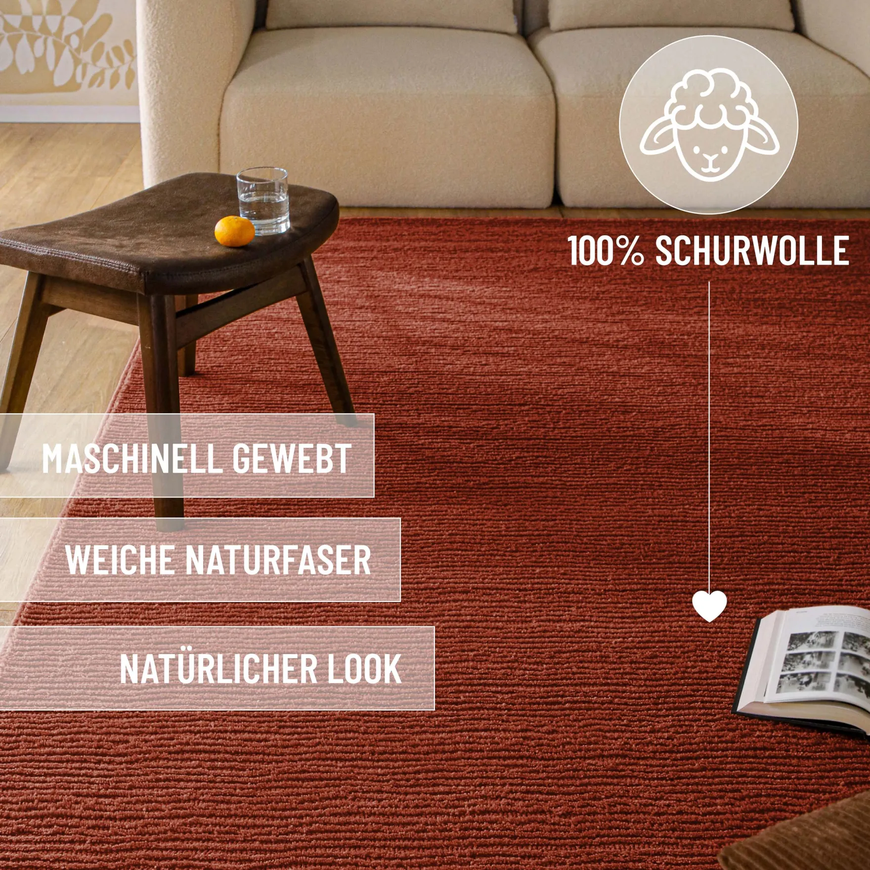 Kurzflor Teppich aus Schurwolle Kamin Rot "Castello ONE" WECONhome