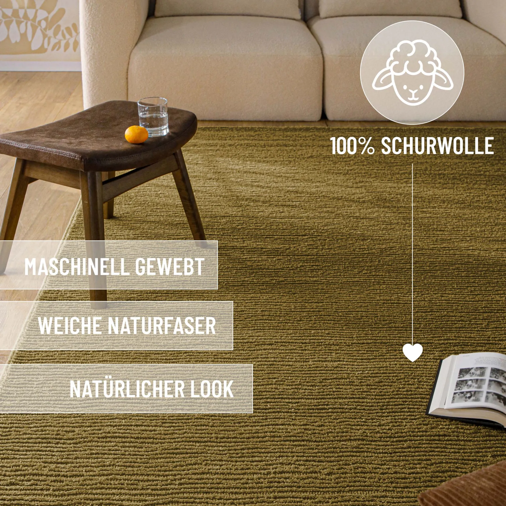 Kurzflor Teppich aus Schurwolle Blass Grün "Castello ONE" WECONhome
