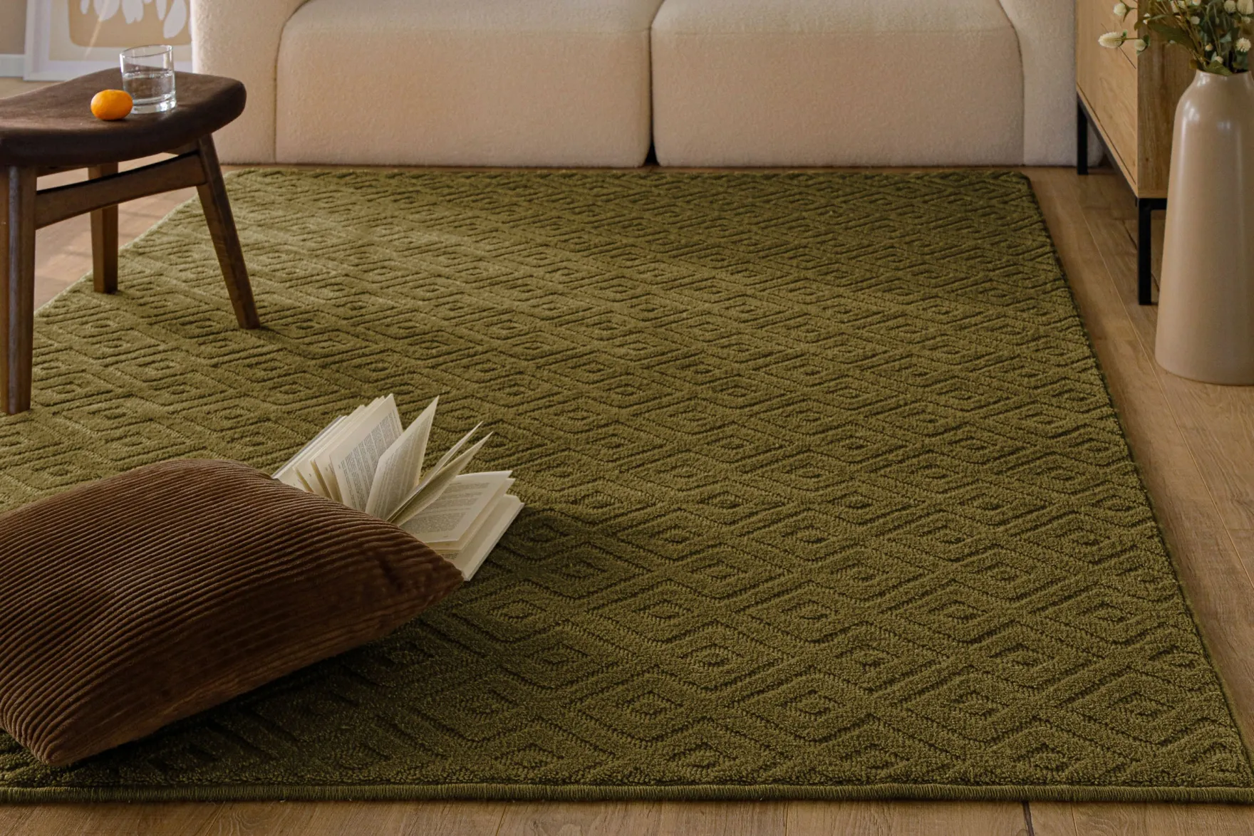 Kurzflor Teppich aus Schurwolle Oliv Grün "Castello TWO" WECONhome