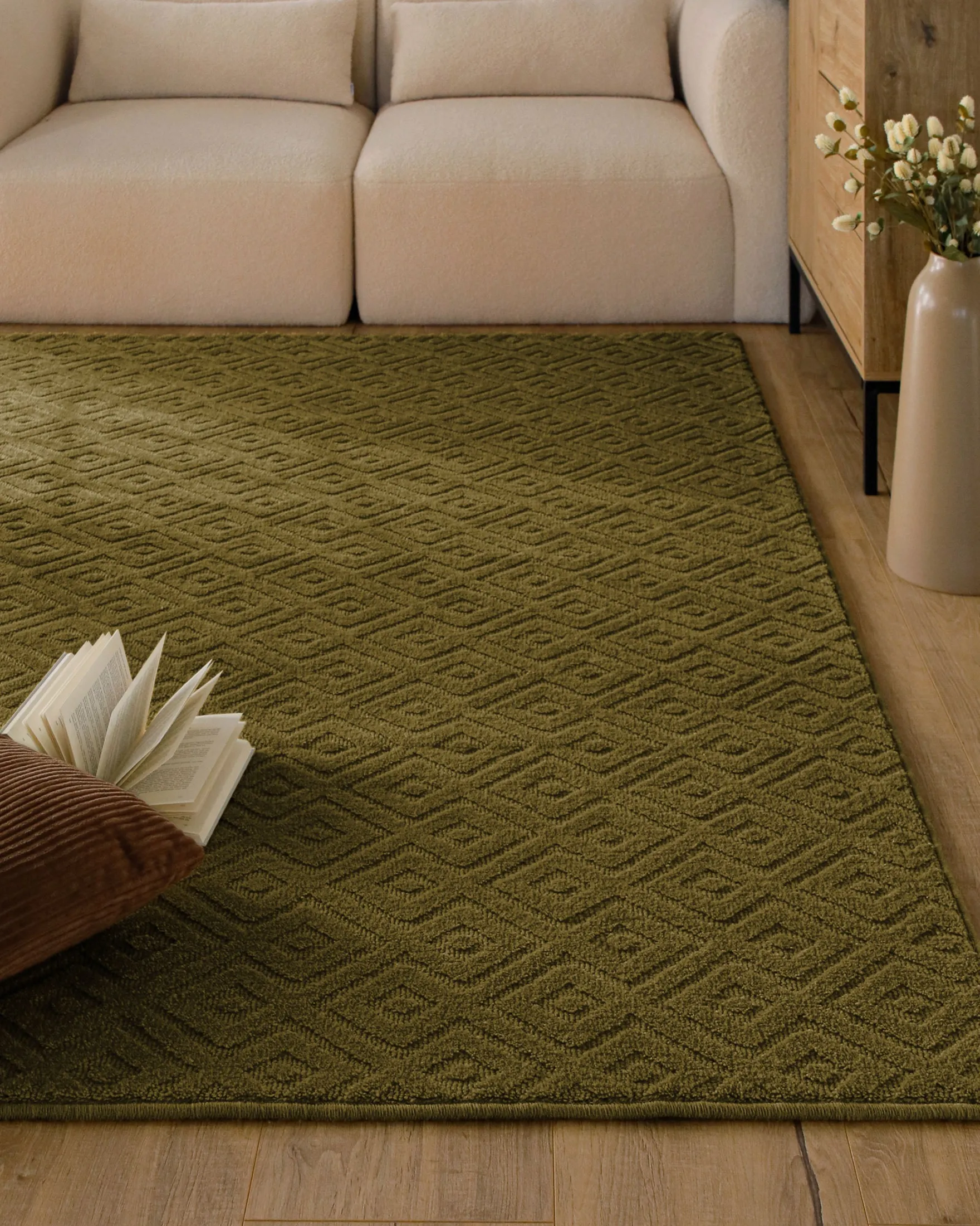 Kurzflor Teppich aus Schurwolle Oliv Grün "Castello TWO" WECONhome