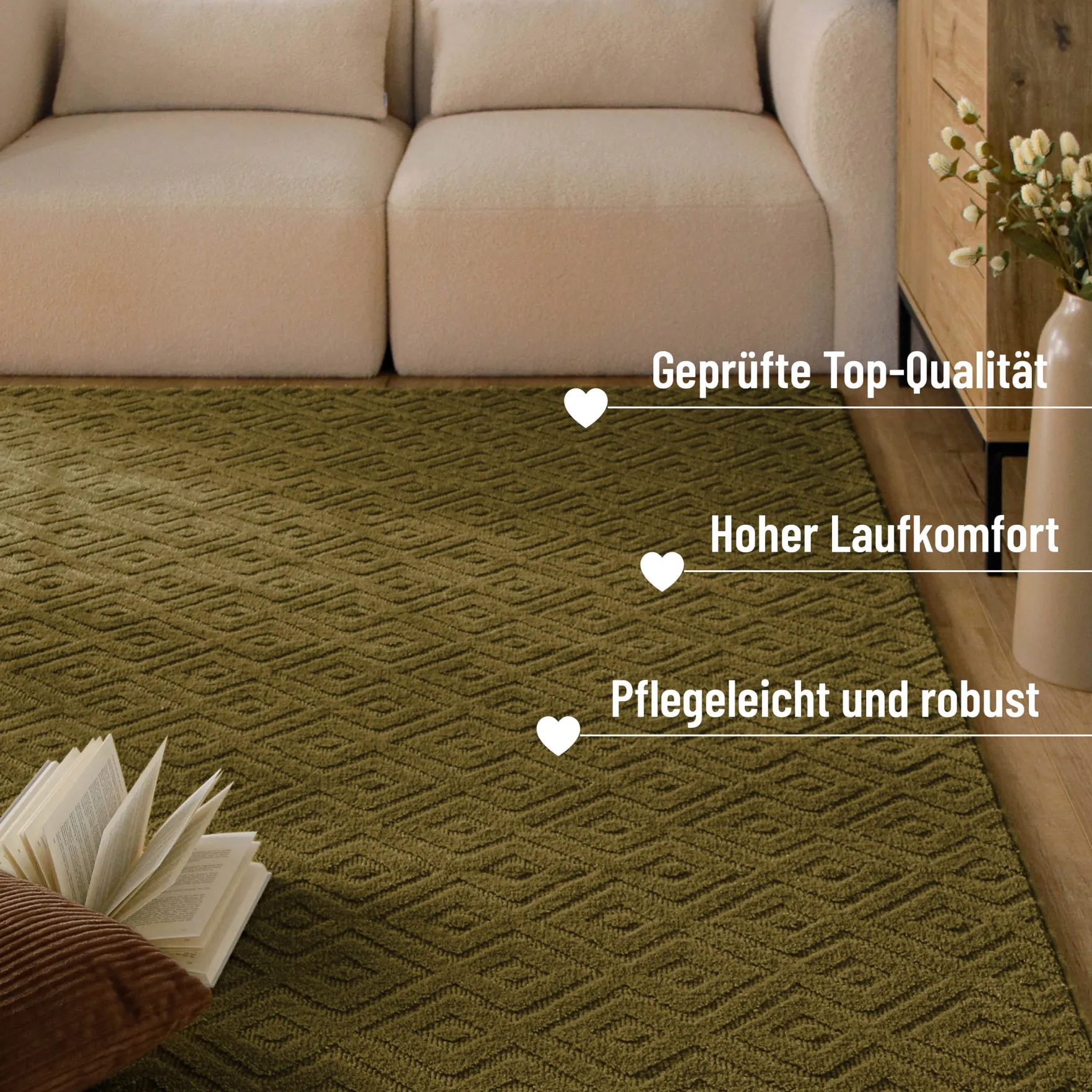 Kurzflor Teppich aus Schurwolle Oliv Grün "Castello TWO" WECONhome