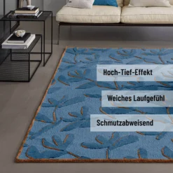 Kurzflor Teppich aus Schurwolle Blau Multi