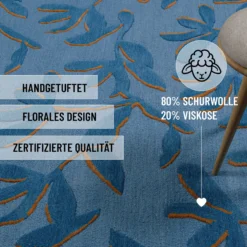 Kurzflor Teppich aus Schurwolle Blau Multi