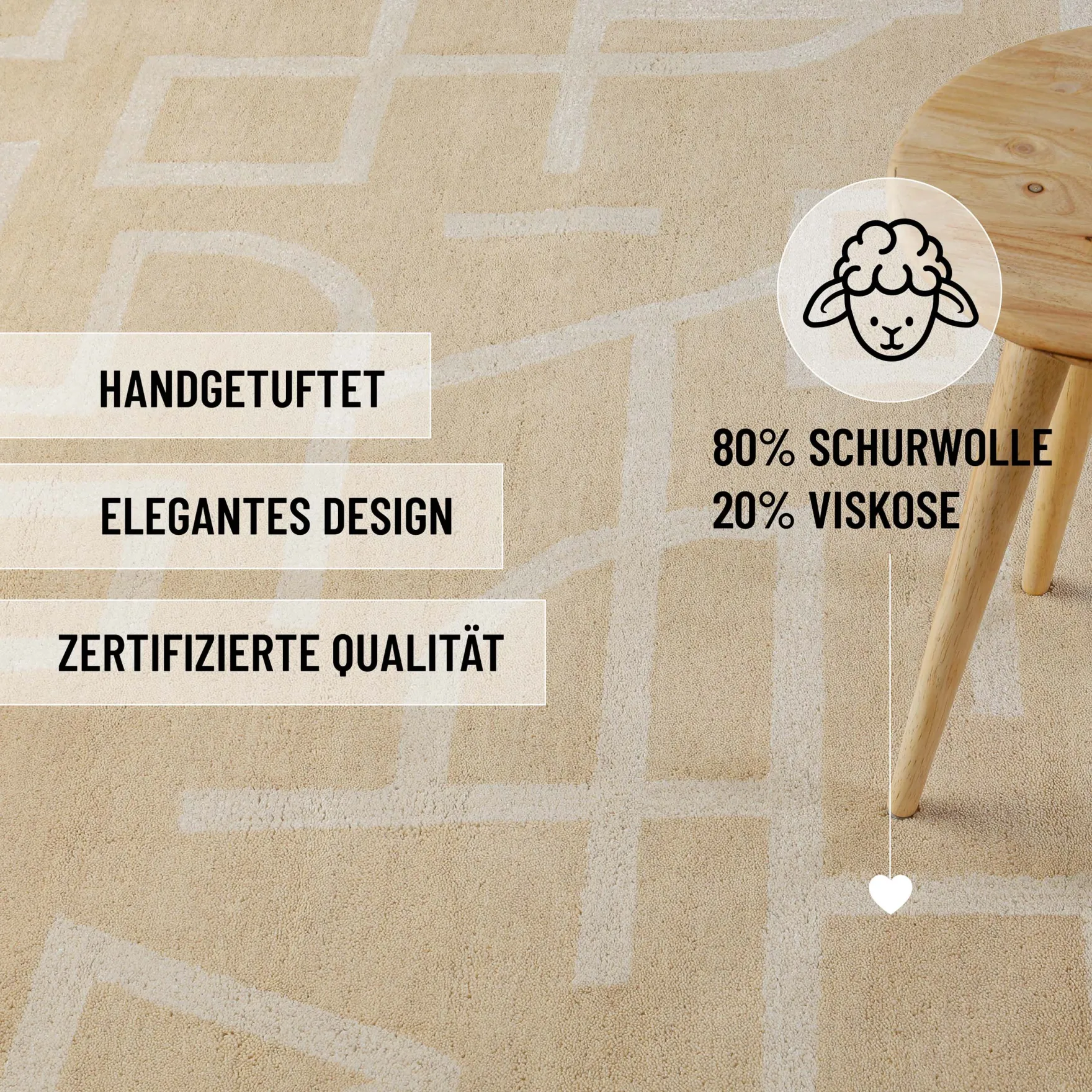 Kurzflor Teppich aus Schurwolle Sand Beige "Beatrice" WECONhome