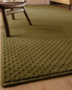 Kurzflor Teppich aus Schurwolle Oliv Grün 