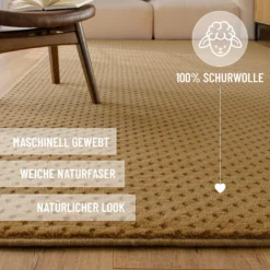 Kurzflor Teppich aus Schurwolle Karamell