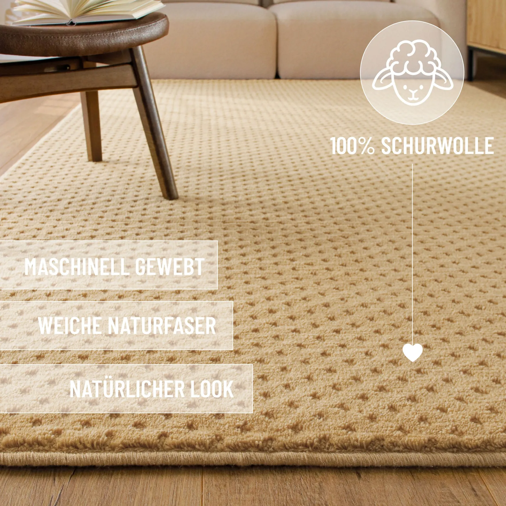 Kurzflor Teppich aus Schurwolle Sand Beige "Castello THREE" WECONhome