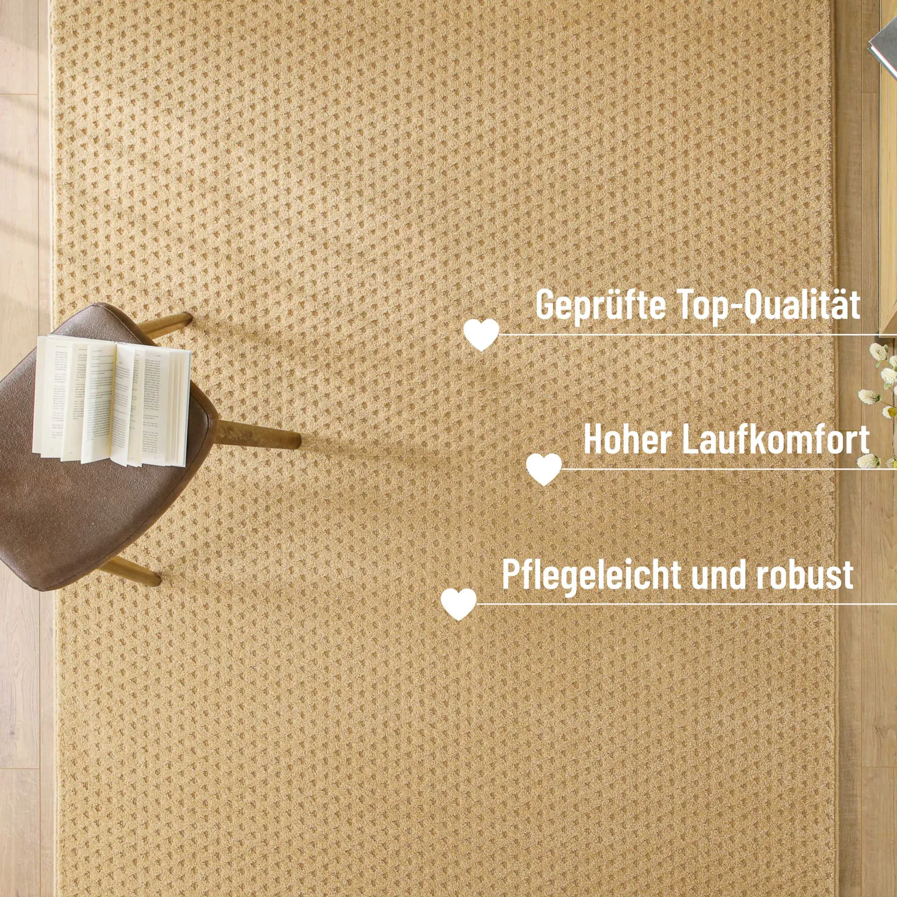 Kurzflor Teppich aus Schurwolle Sand Beige "Castello THREE" WECONhome