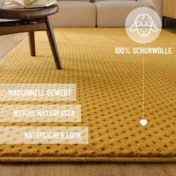 Kurzflor Teppich aus Schurwolle Gelb