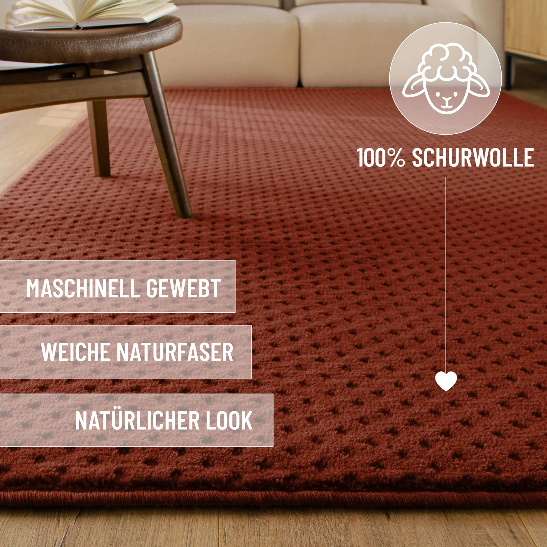 Kurzflor Teppich aus Schurwolle Kamin Rot "Castello THREE" WECONhome