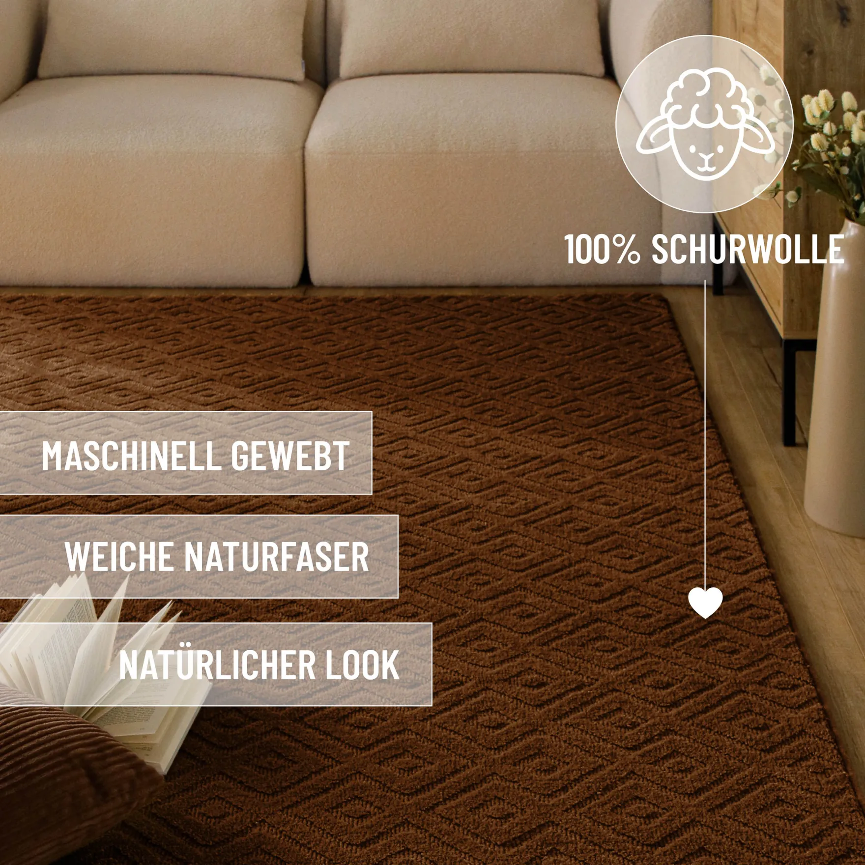 Kurzflor Teppich aus Schurwolle Braun "Castello TWO" WECONhome