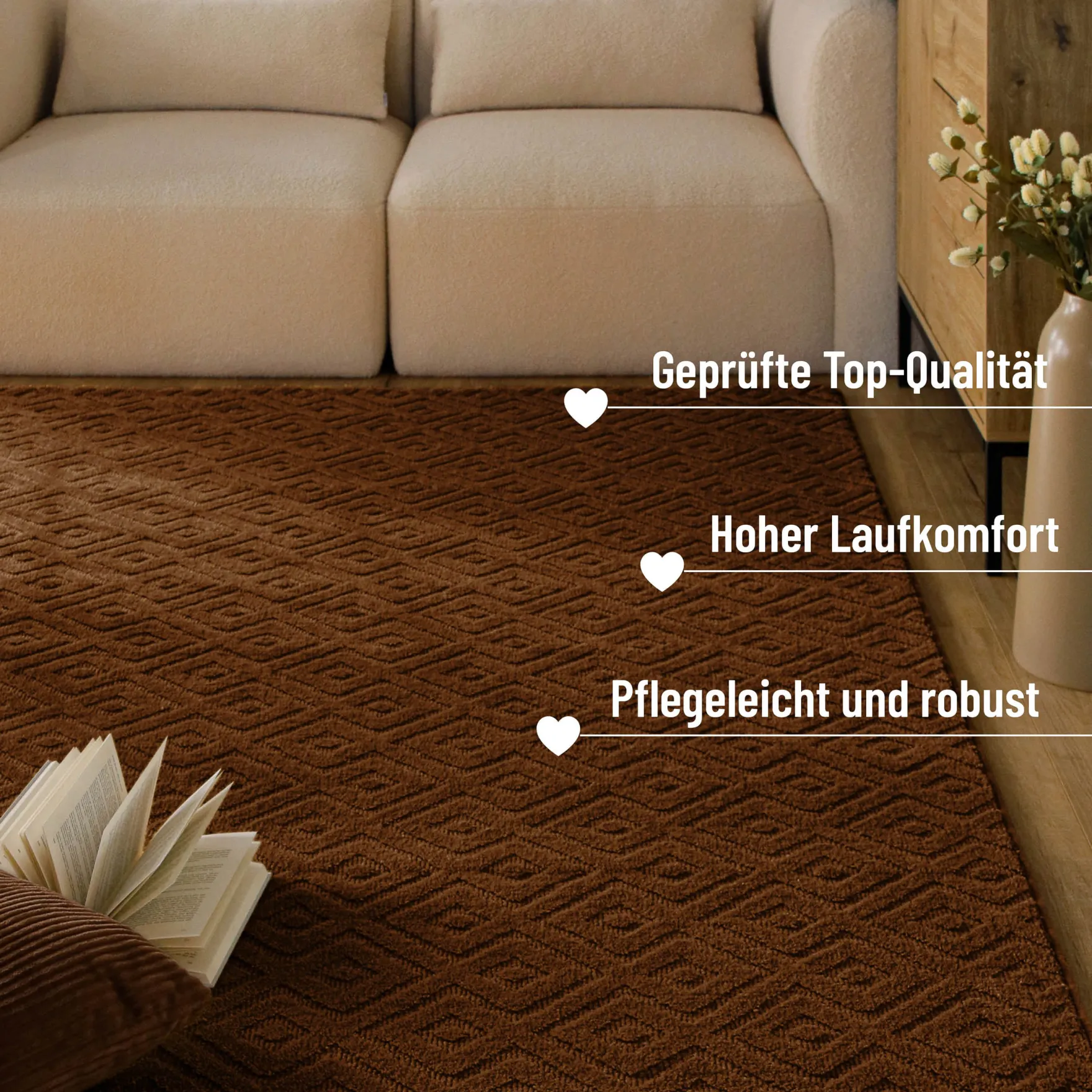 Kurzflor Teppich aus Schurwolle Braun "Castello TWO" WECONhome
