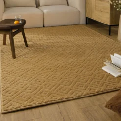Kurzflor Teppich aus Schurwolle Karamell
