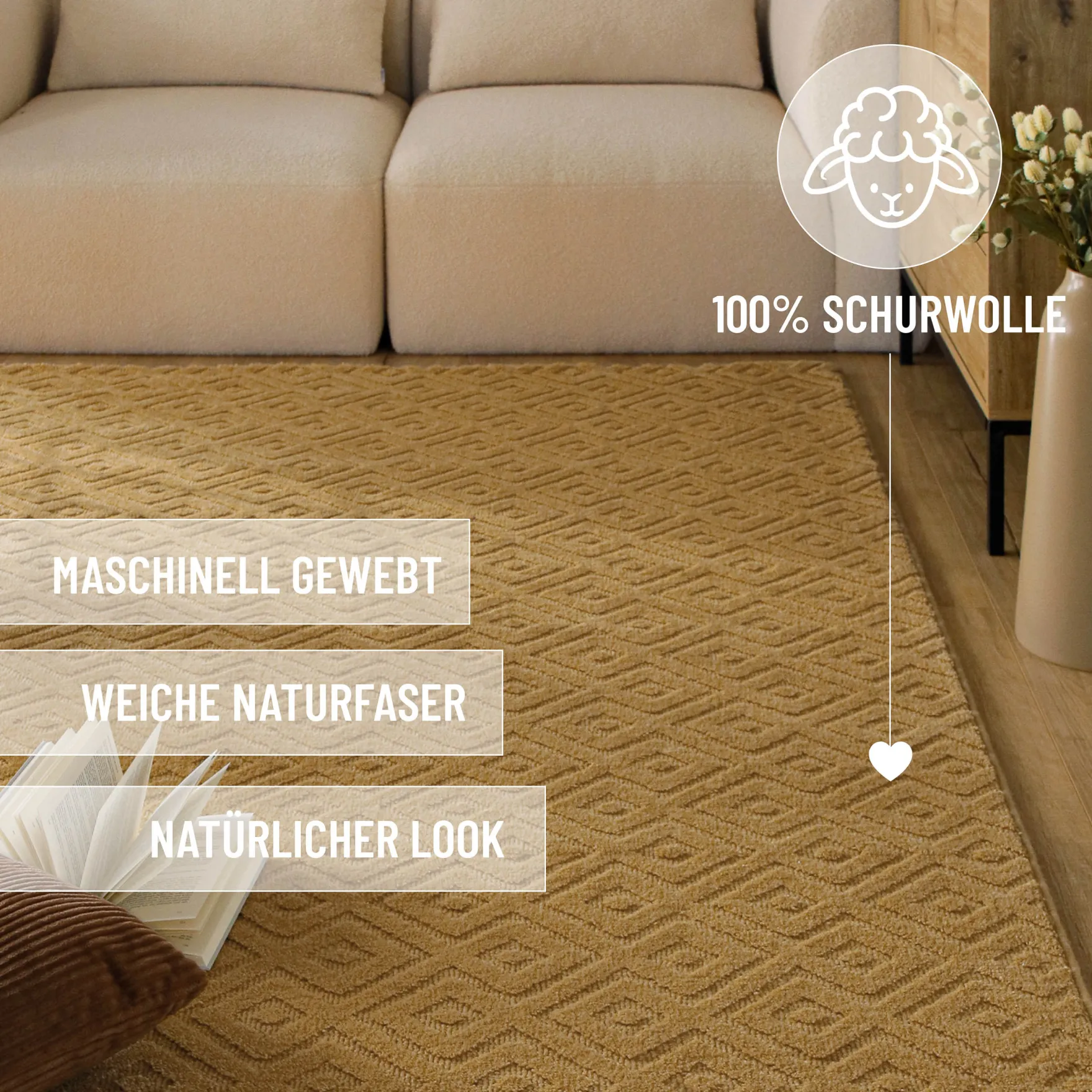 Kurzflor Teppich aus Schurwolle Karamell "Castello TWO" WECONhome