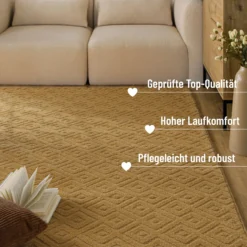 Kurzflor Teppich aus Schurwolle Karamell