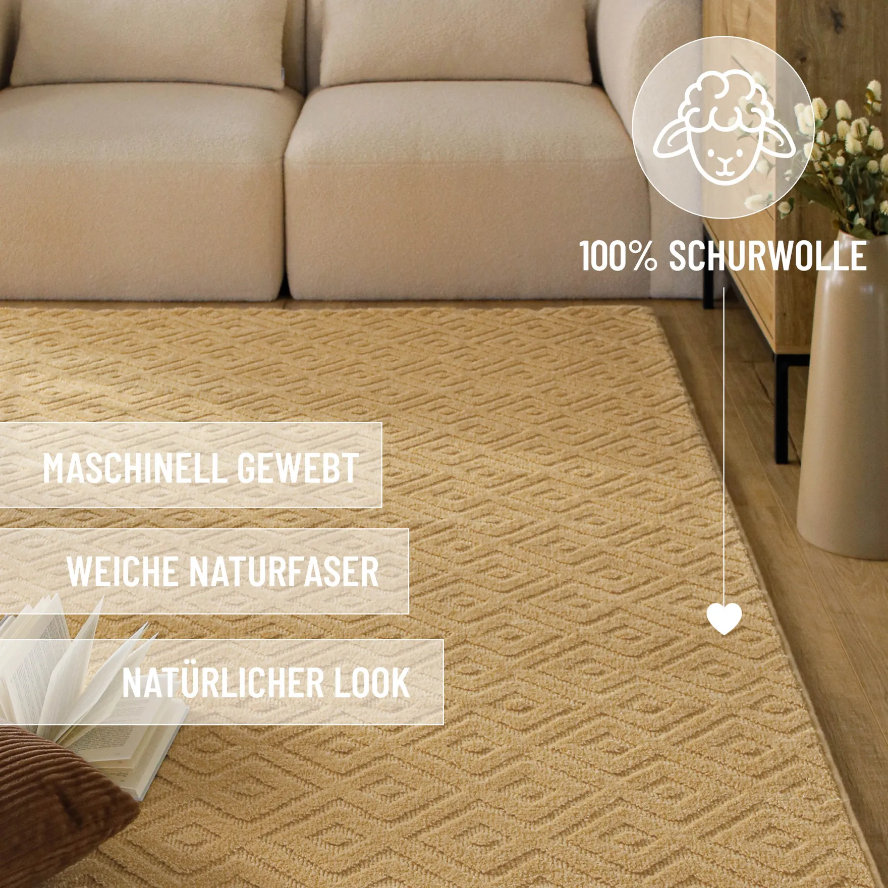 Kurzflor Teppich aus Schurwolle Sand Beige "Castello TWO" WECONhome