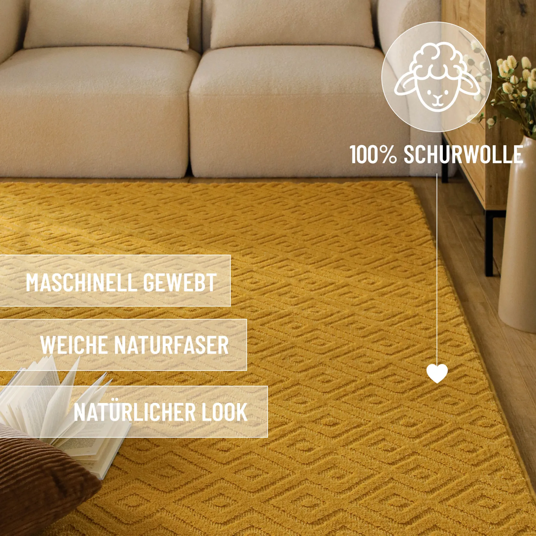 Kurzflor Teppich aus Schurwolle Gelb "Castello TWO" WECONhome
